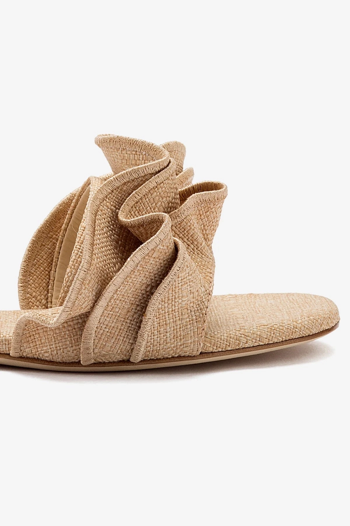Ivy Ruffle Flat Mule In Beige Raffia Zero Weight Open Toe Design