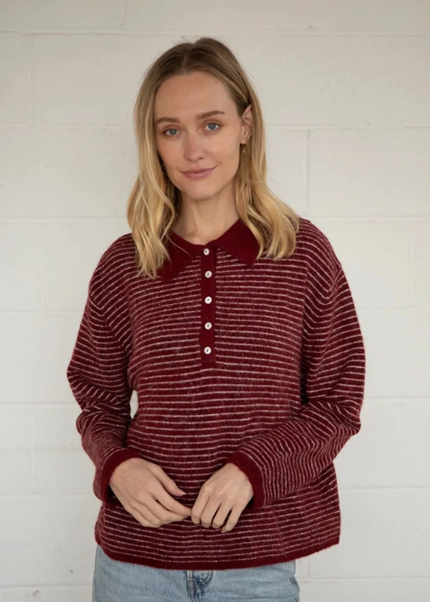 Jace Stripe Knit Polo Pullover - Wine Cold Day Look