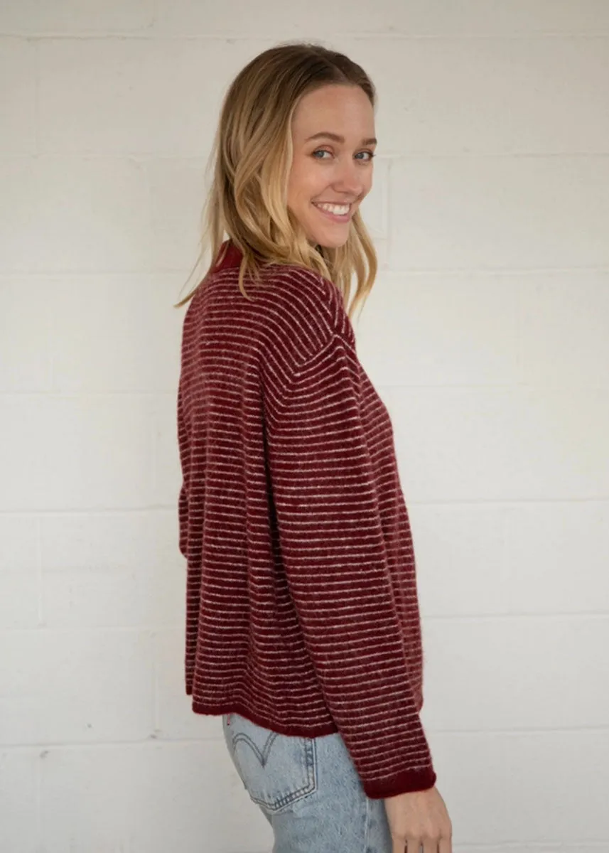 Jace Stripe Knit Polo Pullover - Wine Cozy Fit Wear Breathable knit