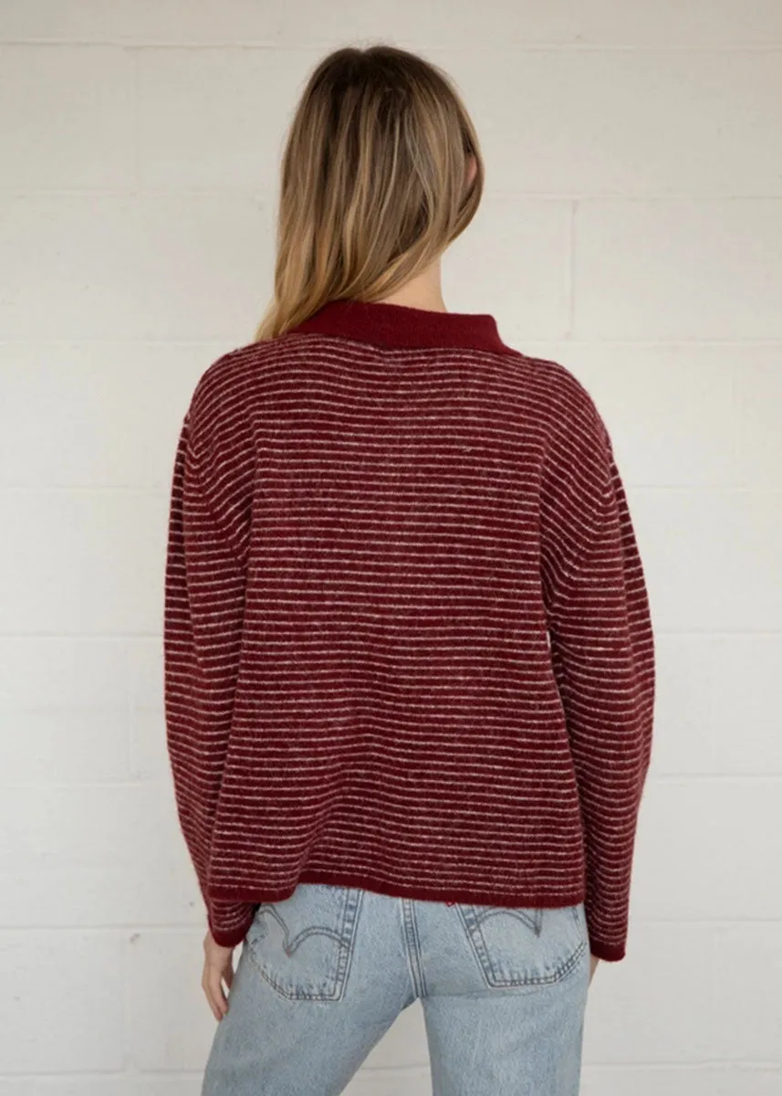 Jace Stripe Knit Polo Pullover - Wine Casual Layer Comfy Knit
