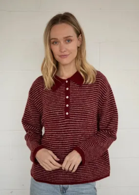 Jace Stripe Knit Polo Pullover - Wine Cold Day Look