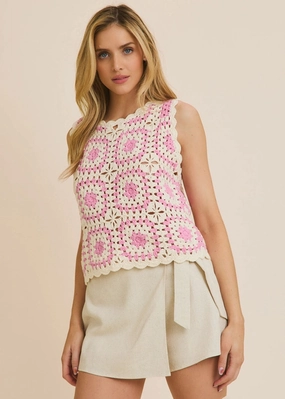 Stretch Weave Construction VentilatedMeshPaneling Jenny Crochet Tank - White & Pink