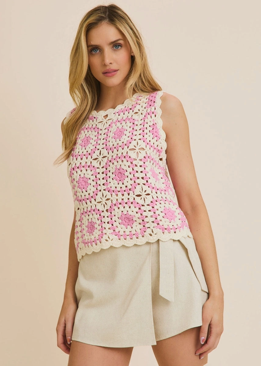 Stretch Weave Construction VentilatedMeshPaneling Jenny Crochet Tank - White & Pink