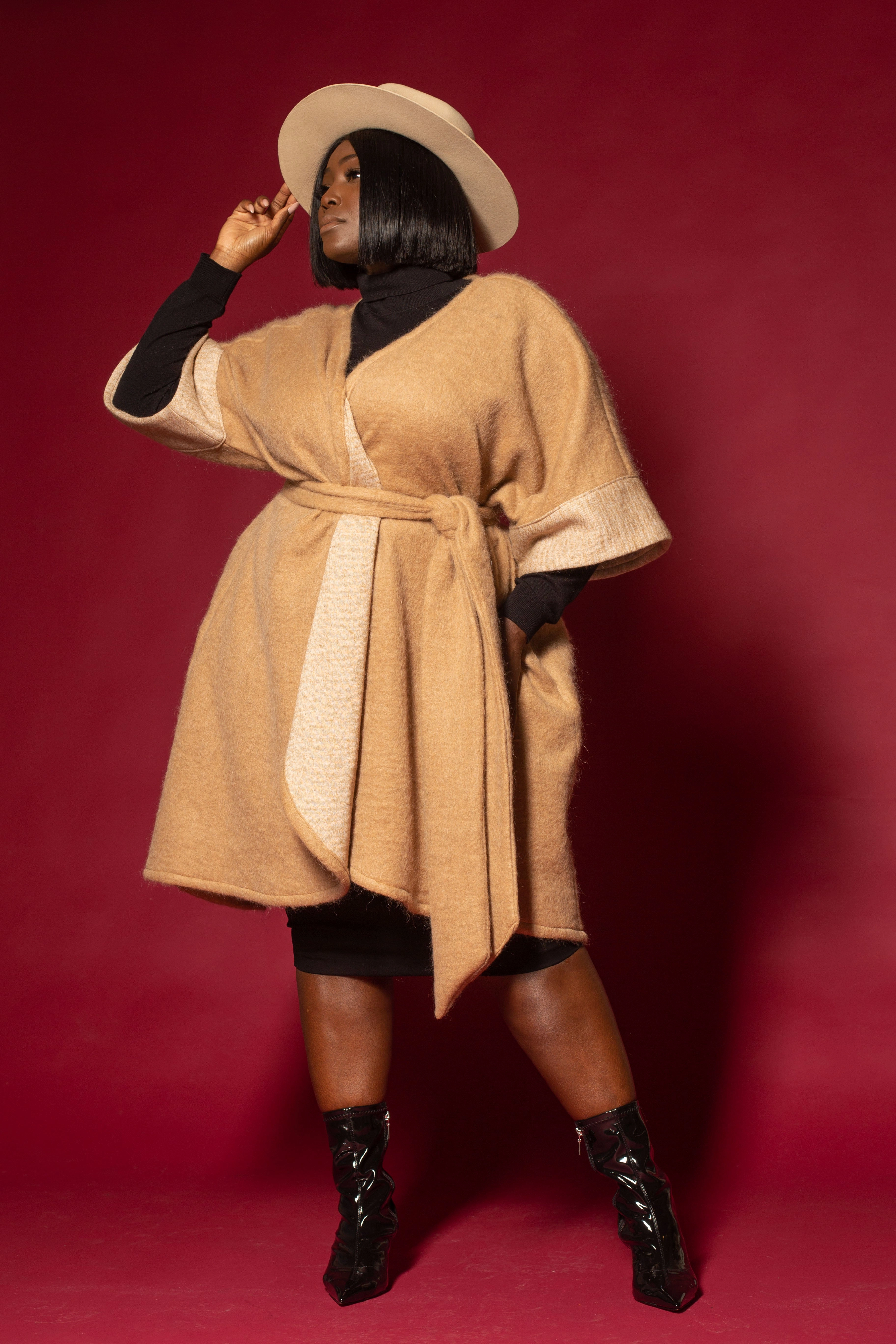 JIBRI Plus Size Camel Fuzzy Wool Jacket Recycled Material