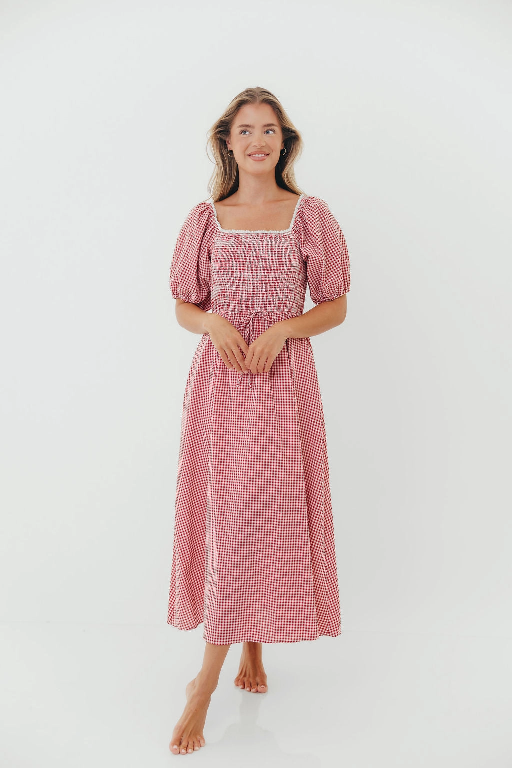Joy Gingham Midi Dress in Red/White Flattering Fit