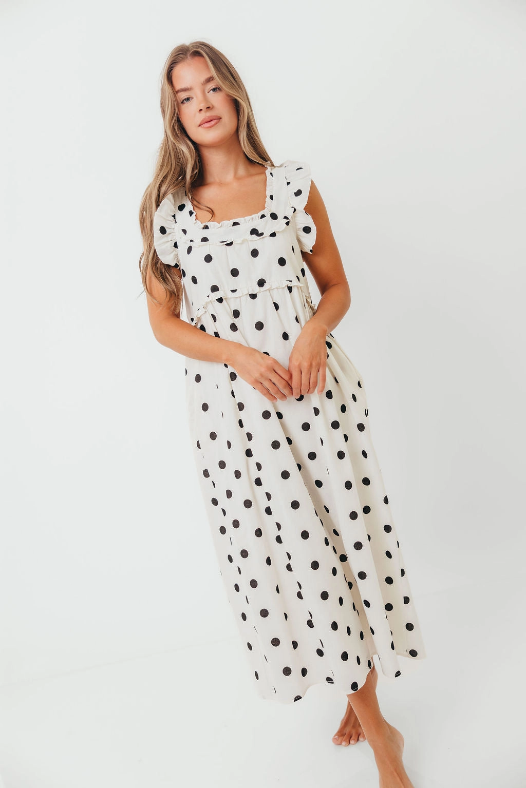 Relax Layers SeamlessConstruction Julia 100% Cotton Polka Dot Midi Dress in Cream/Black