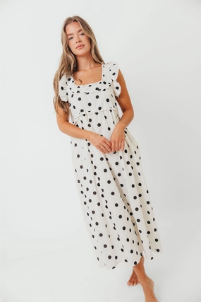 Relax Layers SeamlessConstruction Julia 100% Cotton Polka Dot Midi Dress in Cream/Black