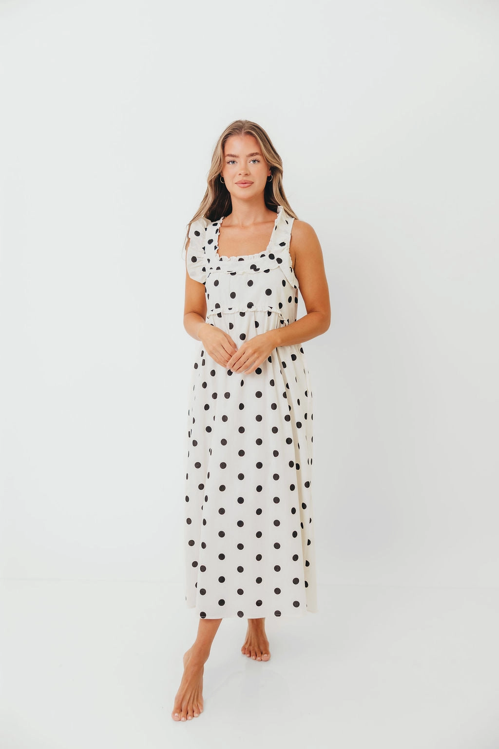 Julia 100% Cotton Polka Dot Midi Dress in Cream/Black Sunset Hour