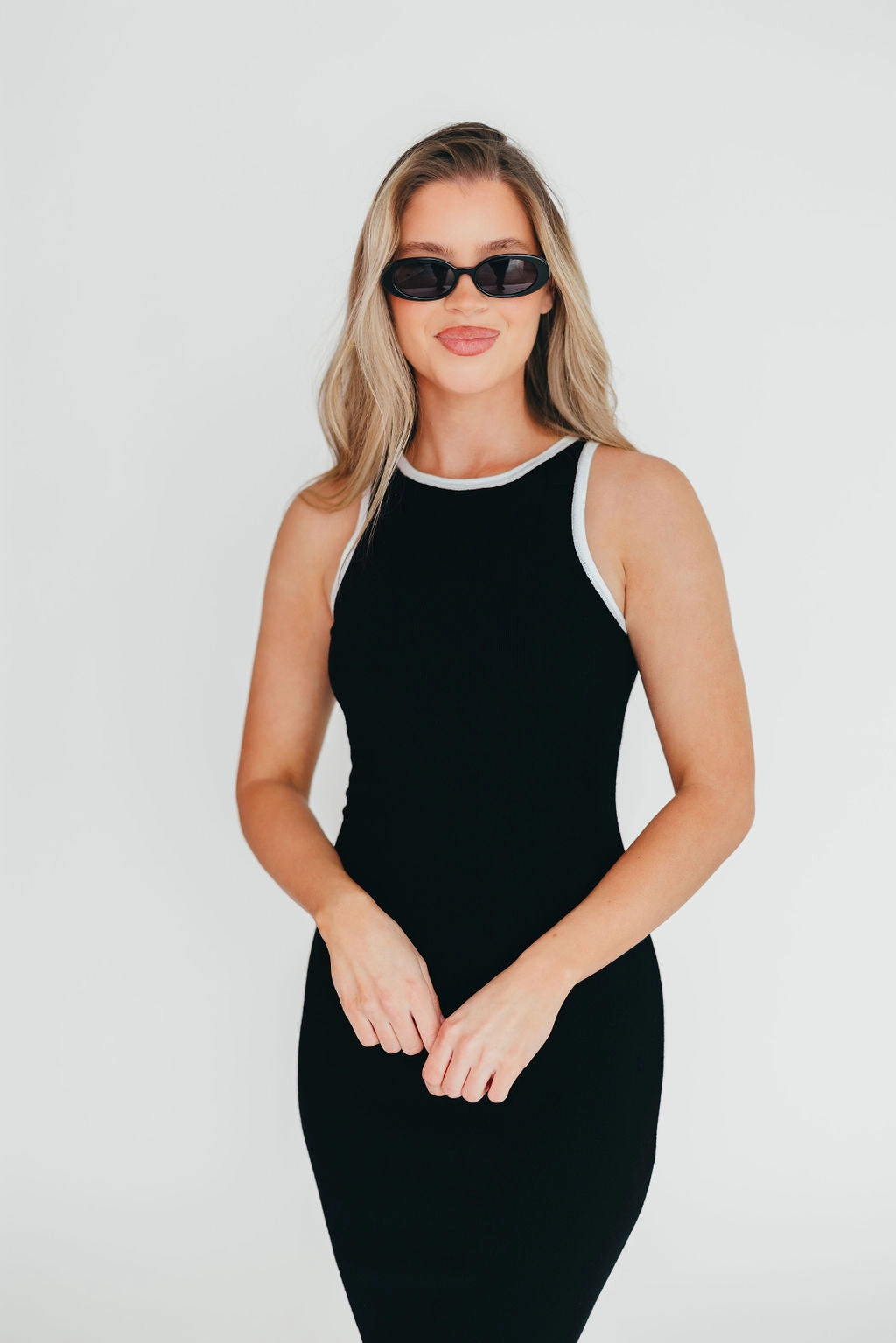 Relaxed Movement ConvertibleNeckline Juliana Contrast Racerback Tank Dress in Black/White