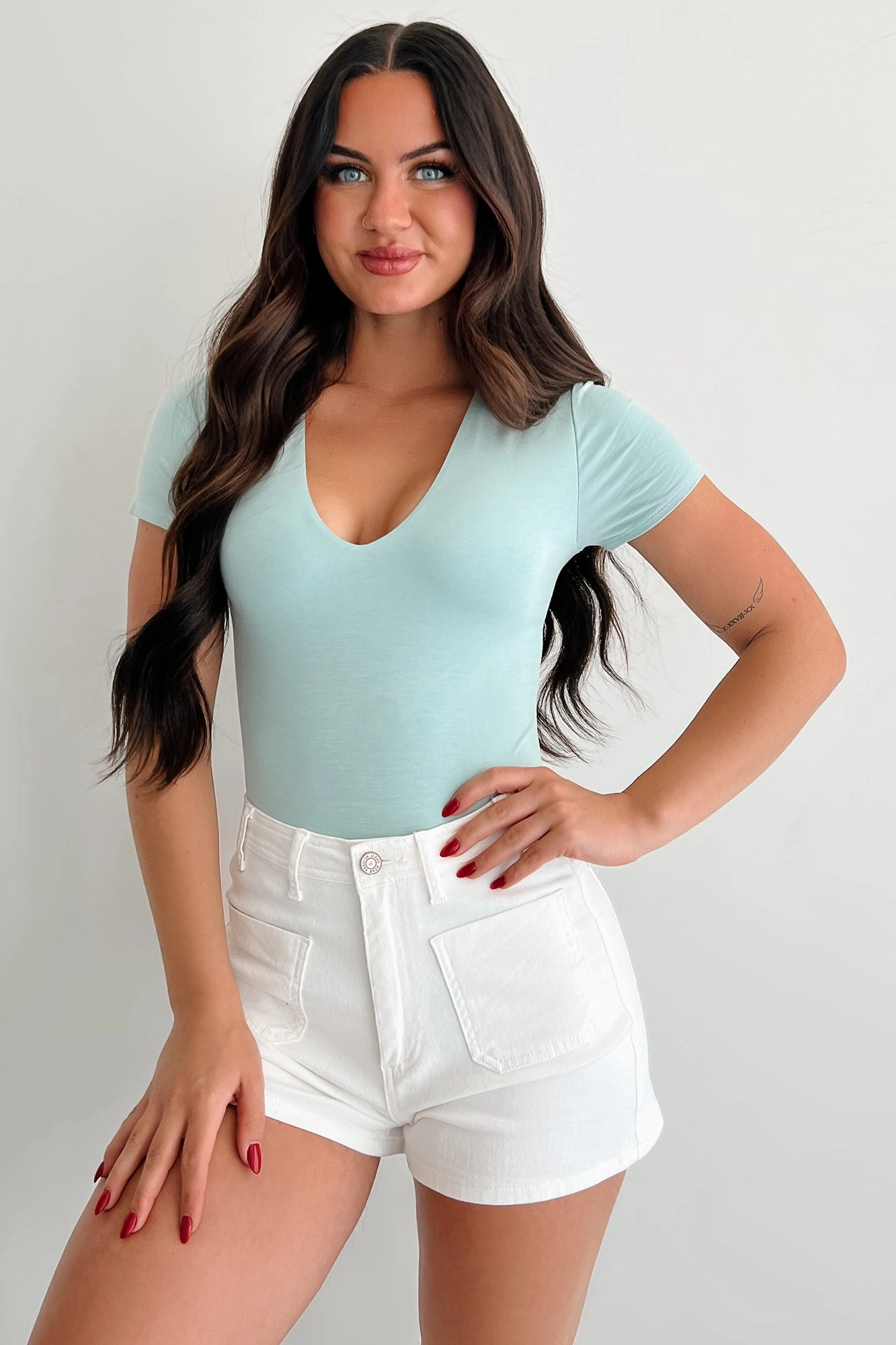 Just Like That V Neck Short Sleeve Bodysuit (Seafoam) Morning Stretch Active Lifestyle