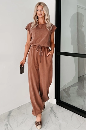 Just The Basics Short Sleeve Jumpsuit (Chestnut) Simple Trendy Retro Fancy