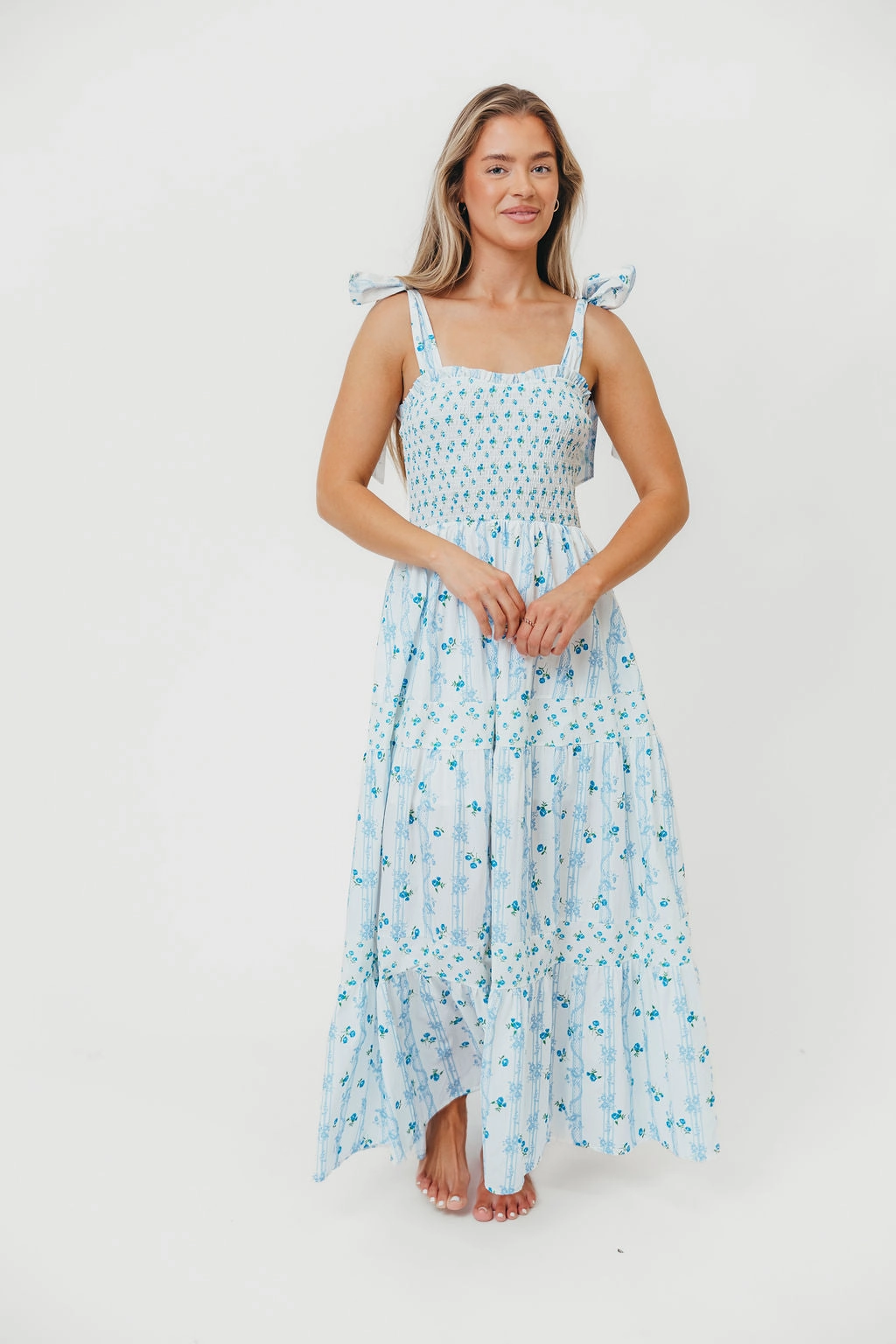 Cool Texture Back-Pocket Kathryn Tie Shoulder Maxi Dress in Ivory/Blue Floral *Final-Sale*