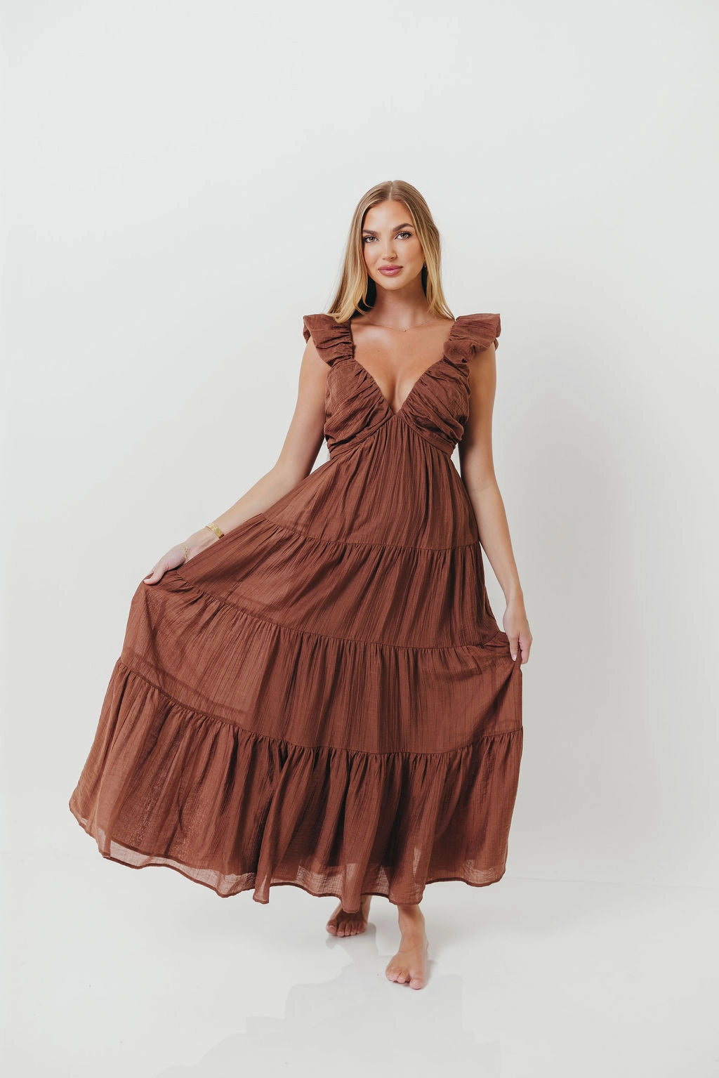 Hot Now Work Fitwear Katy Pleated Bodice Maxi Dress in Hazelnut - Bump Friendly