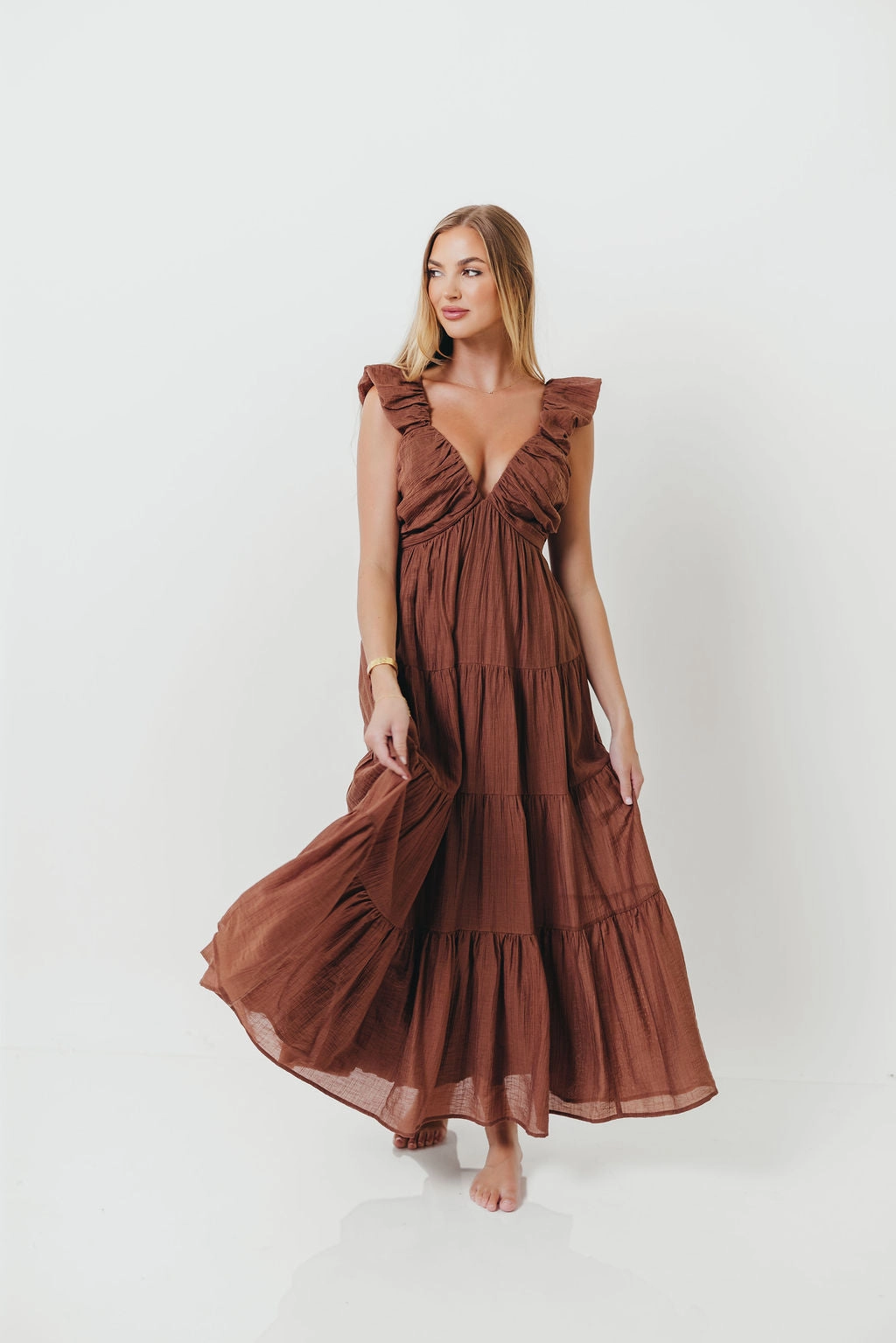Katy Pleated Bodice Maxi Dress in Hazelnut - Bump Friendly Classic Movement