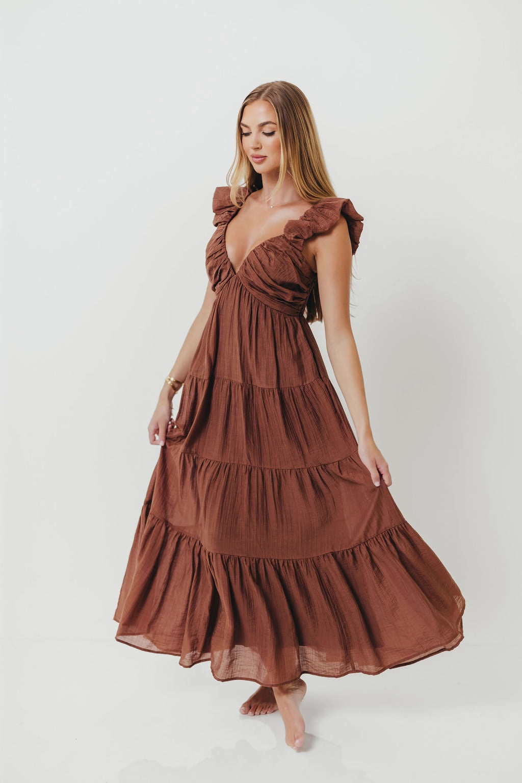 Edgy Look effortless grace Katy Pleated Bodice Maxi Dress in Hazelnut - Bump Friendly