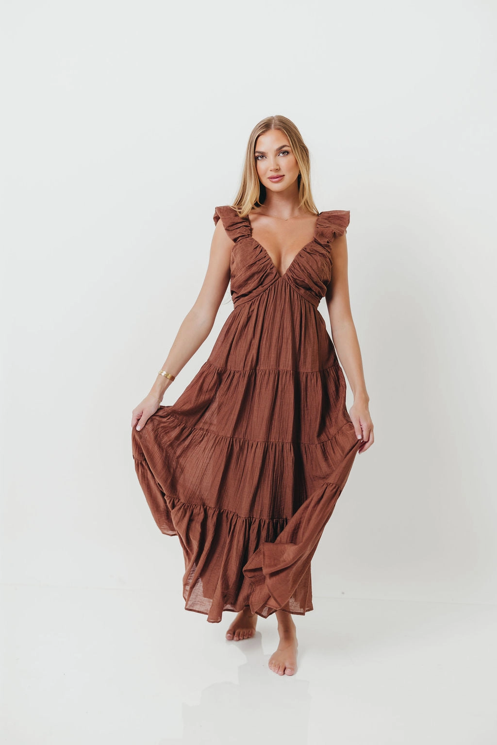 Work Ease Bold Patterns Katy Pleated Bodice Maxi Dress in Hazelnut - Bump Friendly