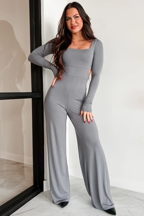 Kaylen Long Sleeve Square Neck Jumpsuit (Grey) Smart Dancer Work Unisex