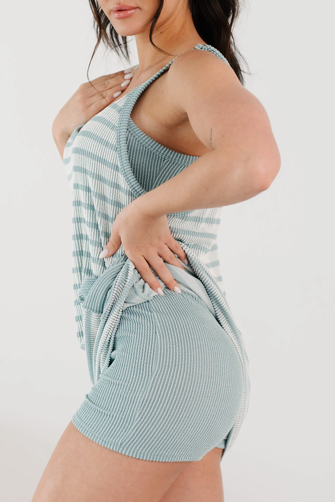 Shopping Athlete Keep It Moving Sleeveless Striped Romper Dress (Sea Grass)