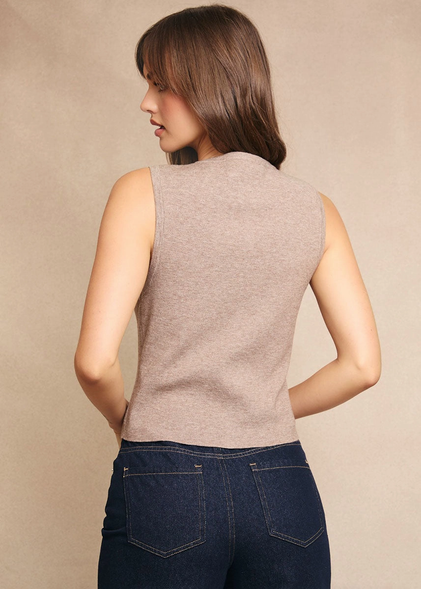Kelsey Button-Front Sweater Top - Heather Brown Tailored Silhouette
