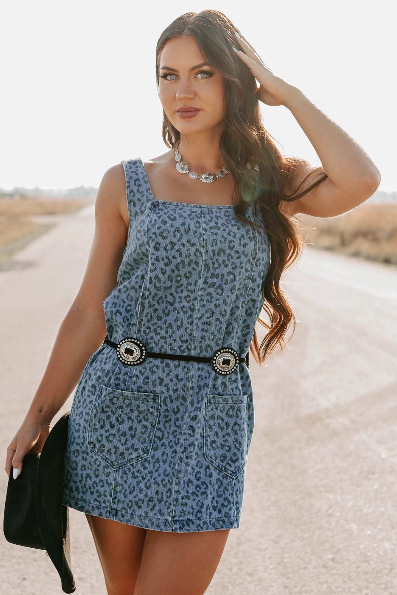 Kendrix Animal Print Denim Mini Dress (Denim Leopard) Year Round Piece