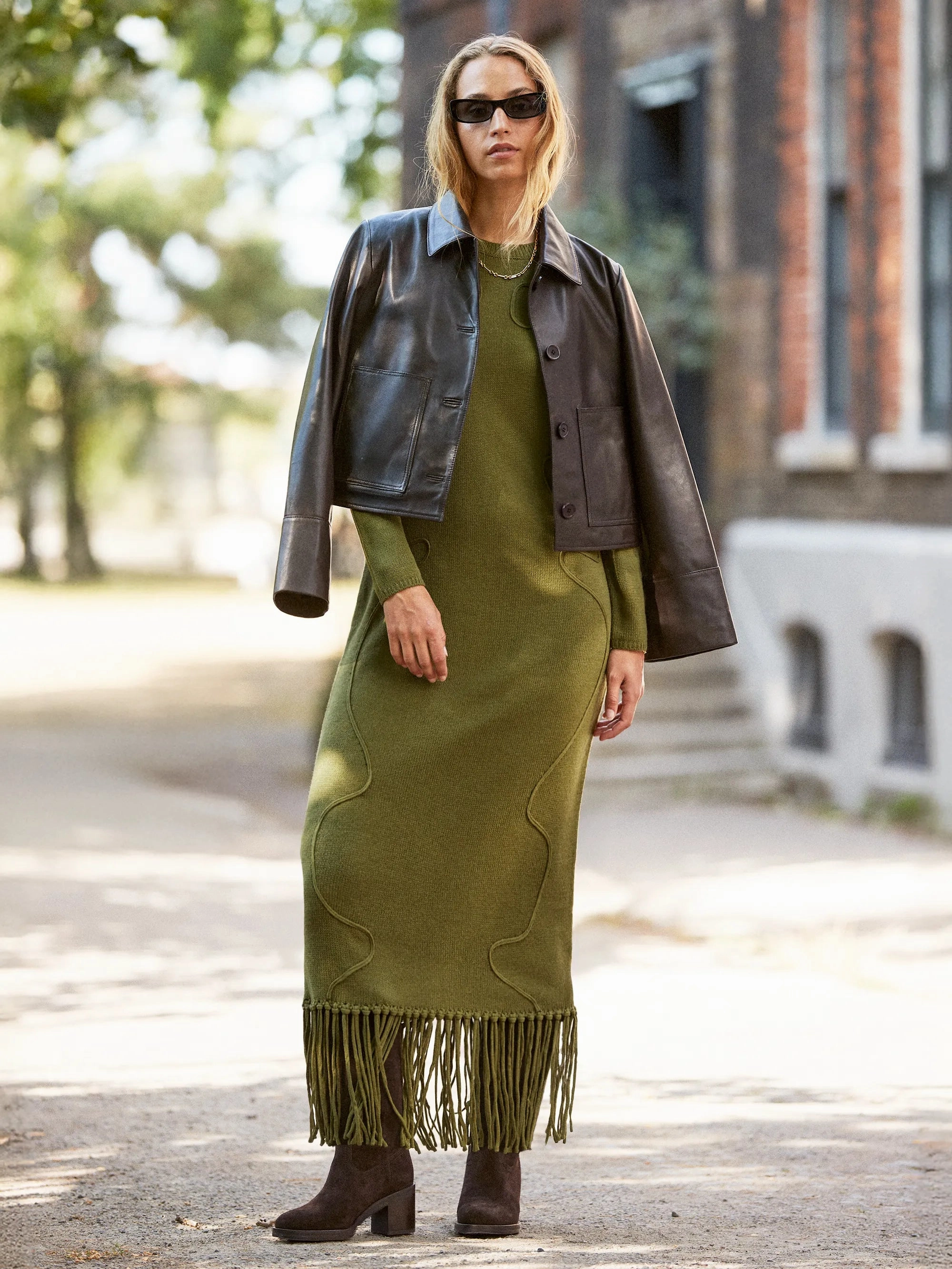 Tonal-Panel Khaki-Green Appliqu??d Knit Midi Dress with Wool