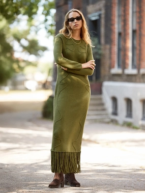 Khaki-Green Appliqu??d Knit Midi Dress with Wool All Day Look Formal Aura
