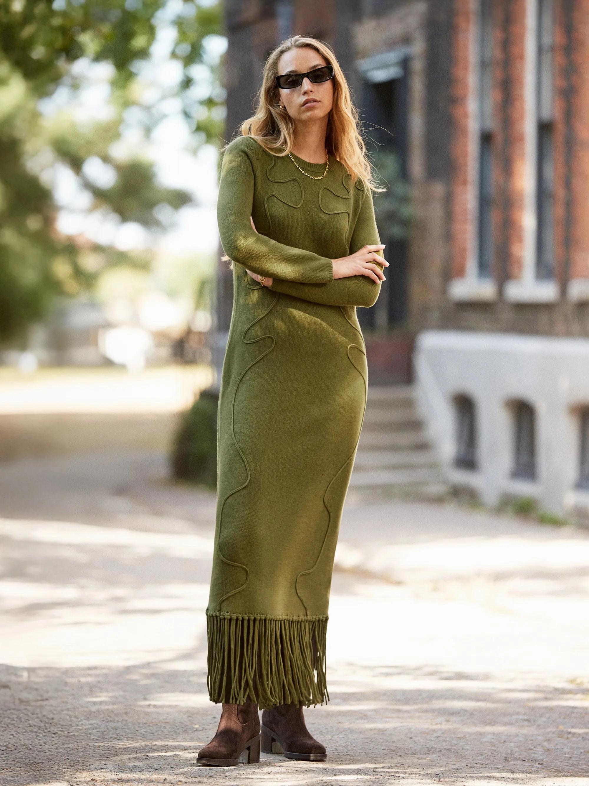 Khaki-Green Appliqu??d Knit Midi Dress with Wool All Day Look Formal Aura