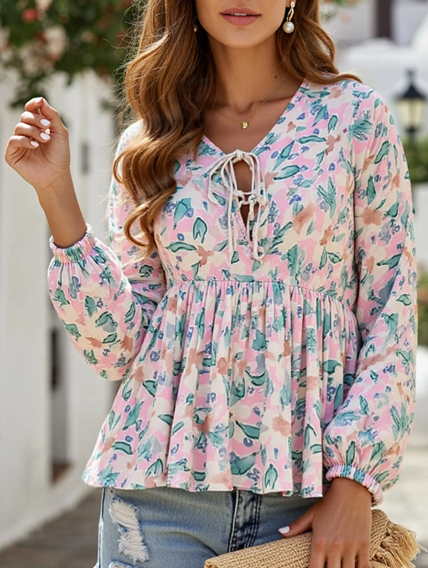 Easy Care Lace-Up Printed Loose Shirt ??Women's Casual Bohemian Blouse