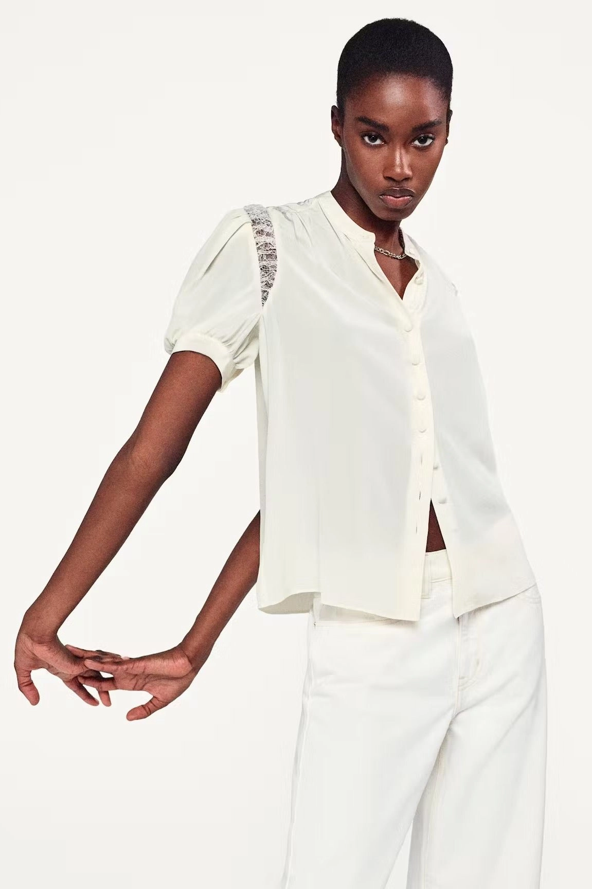 Lace Shoulder Inset Blouse AbrasionResistantEdging MinimalistDesign