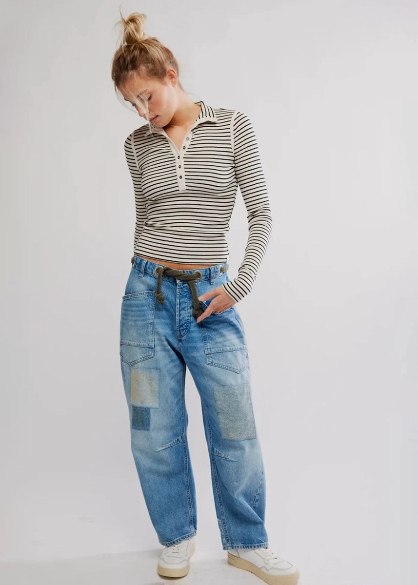 Warm Fabric Basic Sweatshirt Lake Henley Stripe Top - Tea Combo