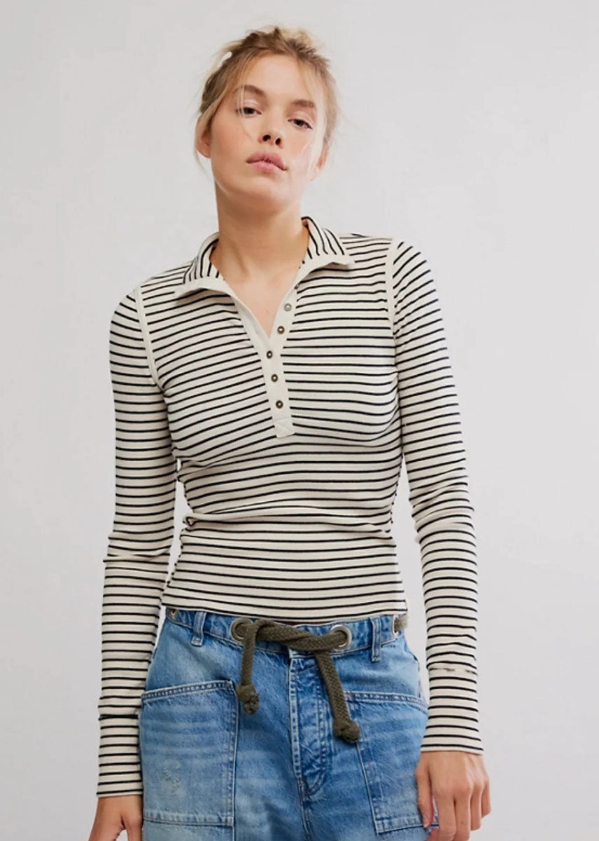 Lake Henley Stripe Top - Tea Combo wrinkle free finish Soft Inner Lining