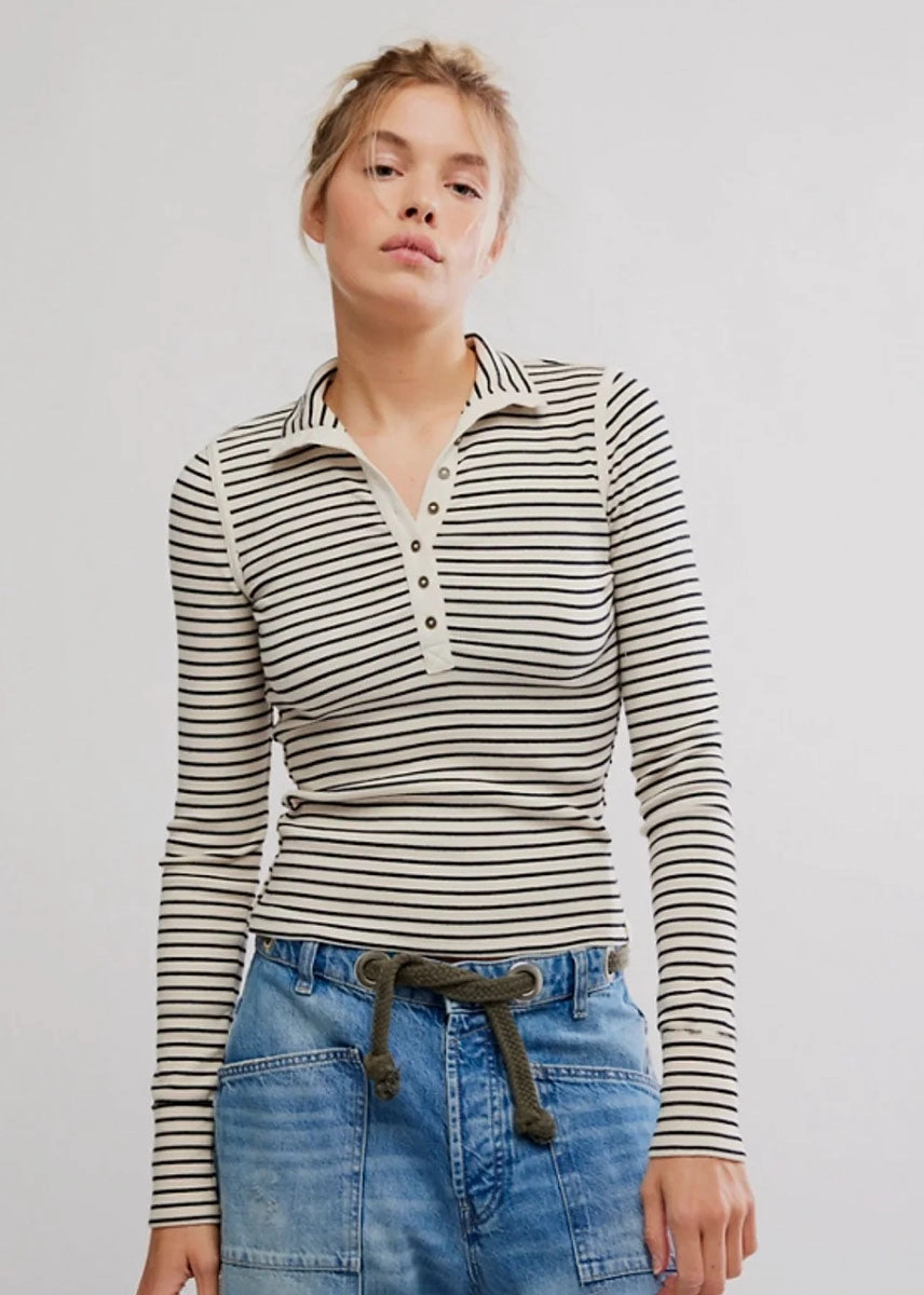 Reinforced Neckline Detail Lake Henley Stripe Top - Tea Combo