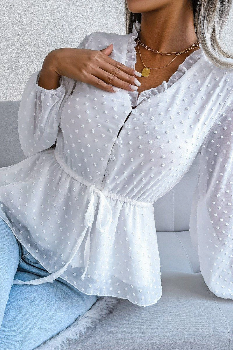 LANTERN SLEEVE RUFFLED SWISS DOT CHIFFON TUNIC Reflective accents