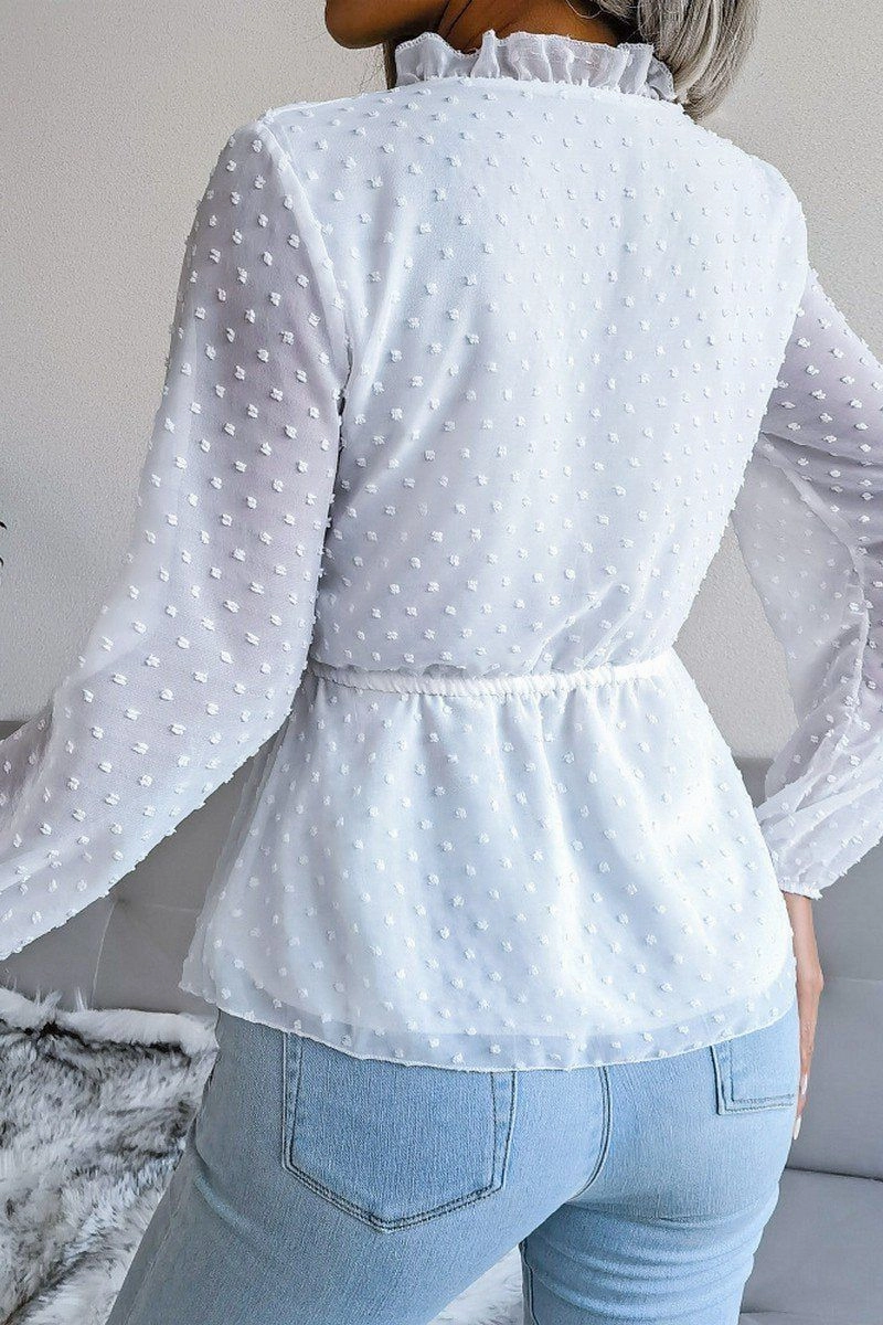 LANTERN SLEEVE RUFFLED SWISS DOT CHIFFON TUNIC Cozy Sweatshirt