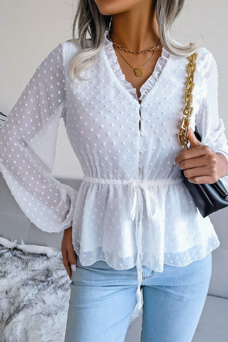 LANTERN SLEEVE RUFFLED SWISS DOT CHIFFON TUNIC Classic timelessness Relaxed Everyday Wear