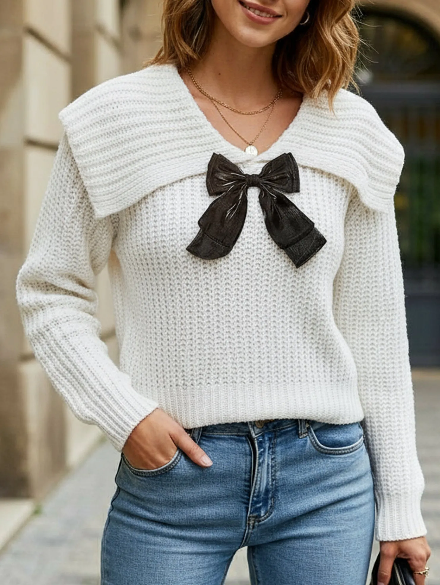 Warm Fabric Four Way Stretch Large lapel bow-tie pullover sweater