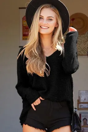 V NECK WAFFLE KNIT LONG SLEEVE TOP Everyday Trend Chic and Soft