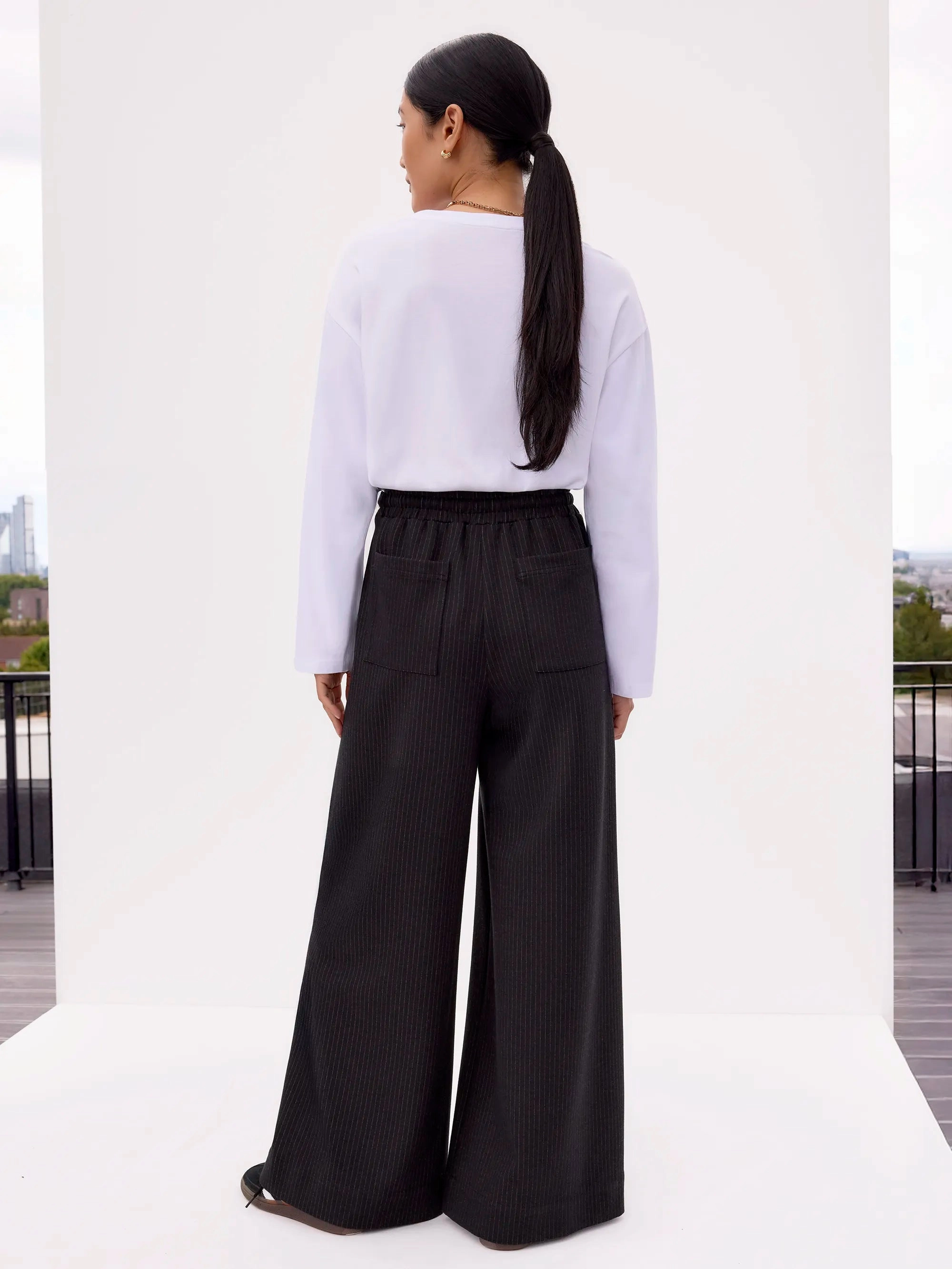 Comfy Layer Charcoal Pinstripe Wide Leg Joggers