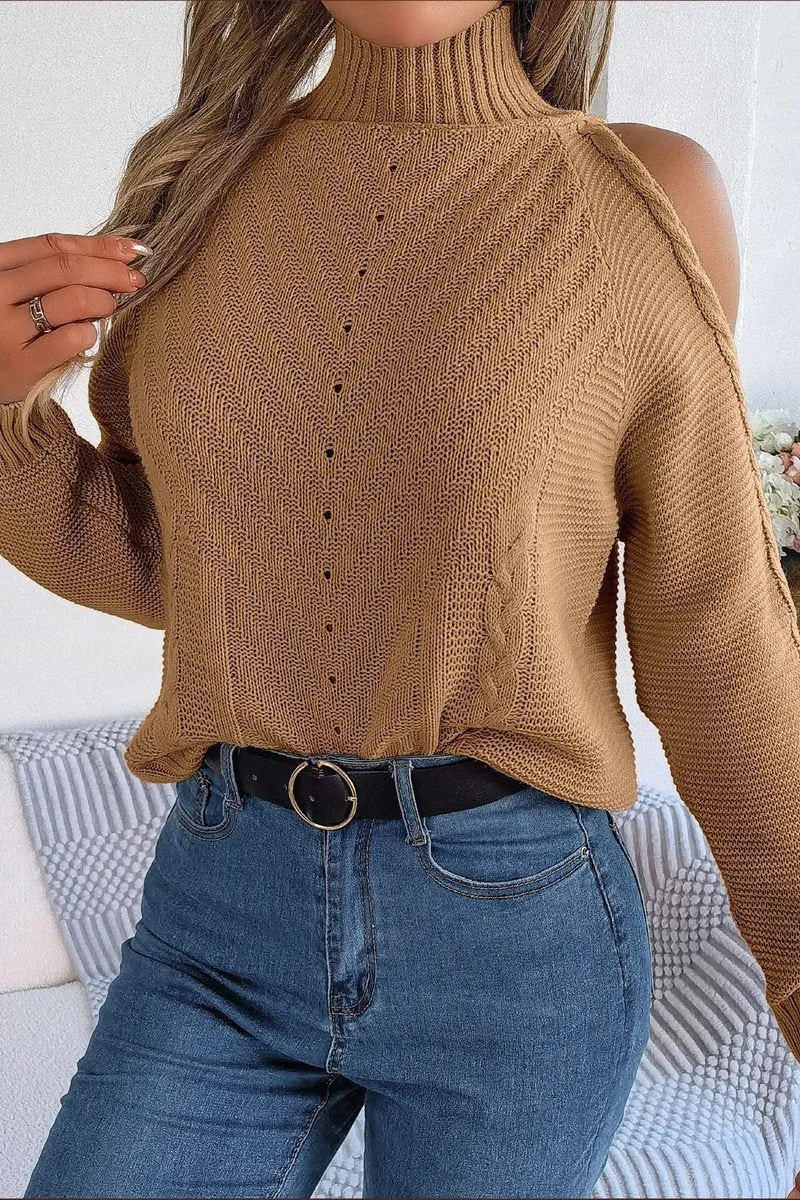 WOMEN HIGH NECK CUT OUT SHOULDER KNIT SWEATSHIRT Warm Layers