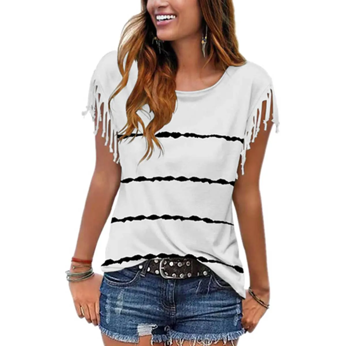 MultiDirectionalStretch Breathable Construction BURNT FLOWER FRINGE SHORT-SLEEVED BLOUSE_CWTBLSL0340