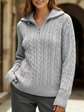 Lazy Retro Lapel Cable Zipper Sweater Anti Snag Fabric