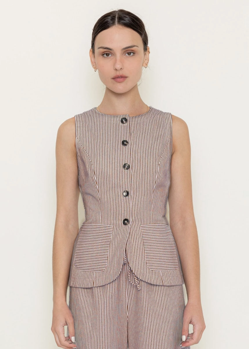 Lena Striped Vest - Burgundy & Cream NoRoll Hem Technology Resilient Fabric Blend