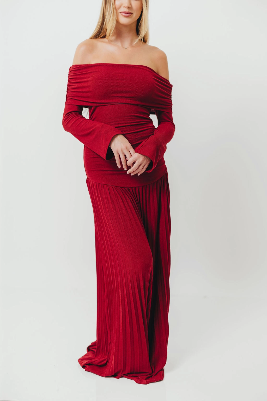Subtle Fit Luxury-Fabric Lennox Long Sleeve Maxi Dress in Red