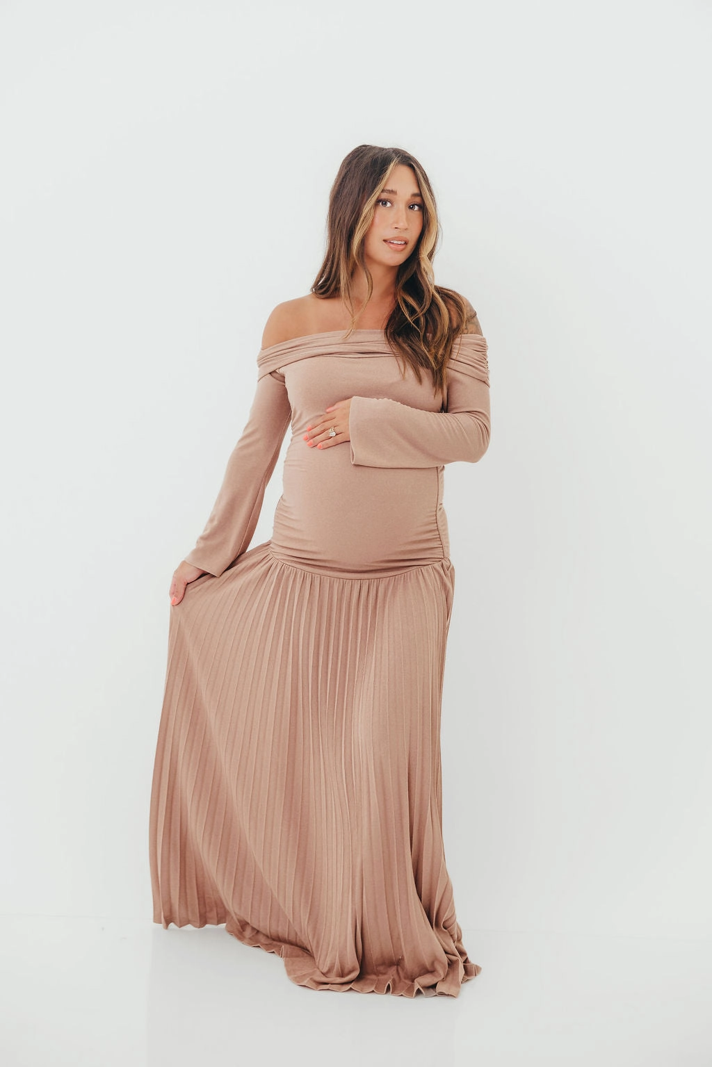 Crisp Texture Lennox Long Sleeve Maxi Dress in Taupe