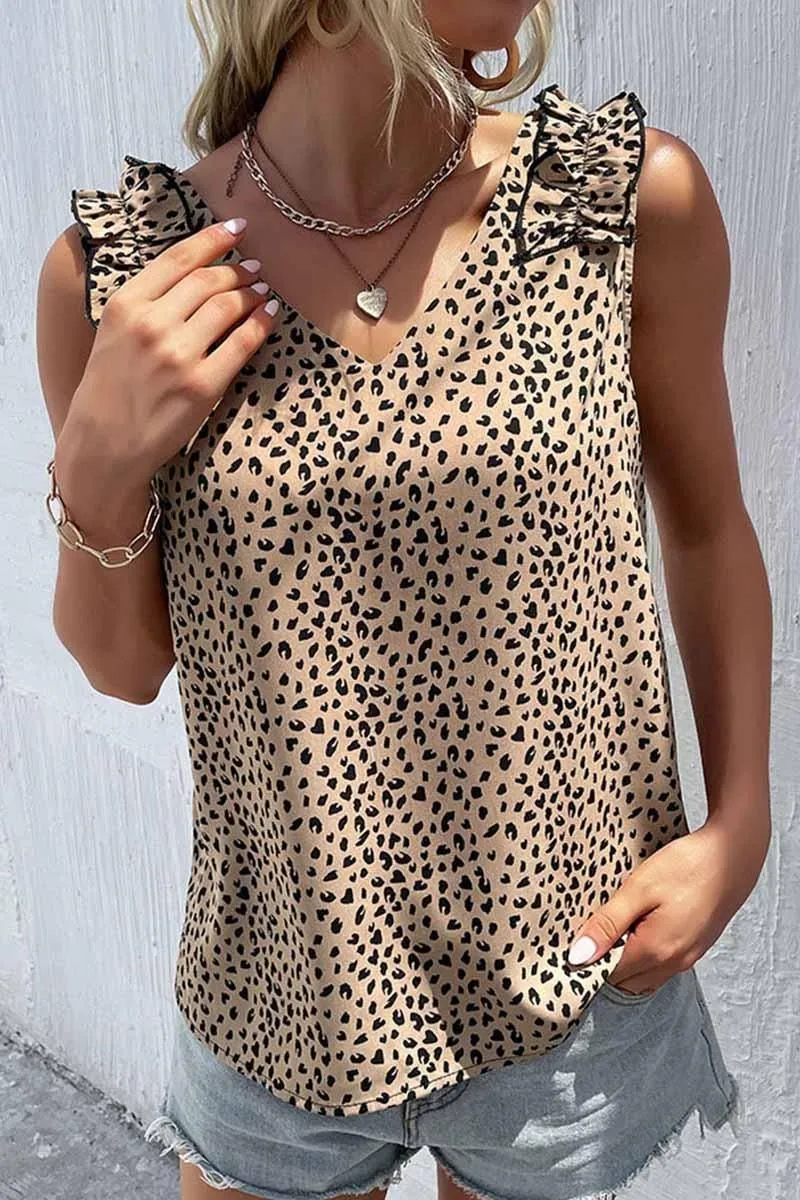 LEOPARD FRILL LACE SHOULDER SLEEVELESS TUNIC TOP AllSeasonWear Outdoor Light