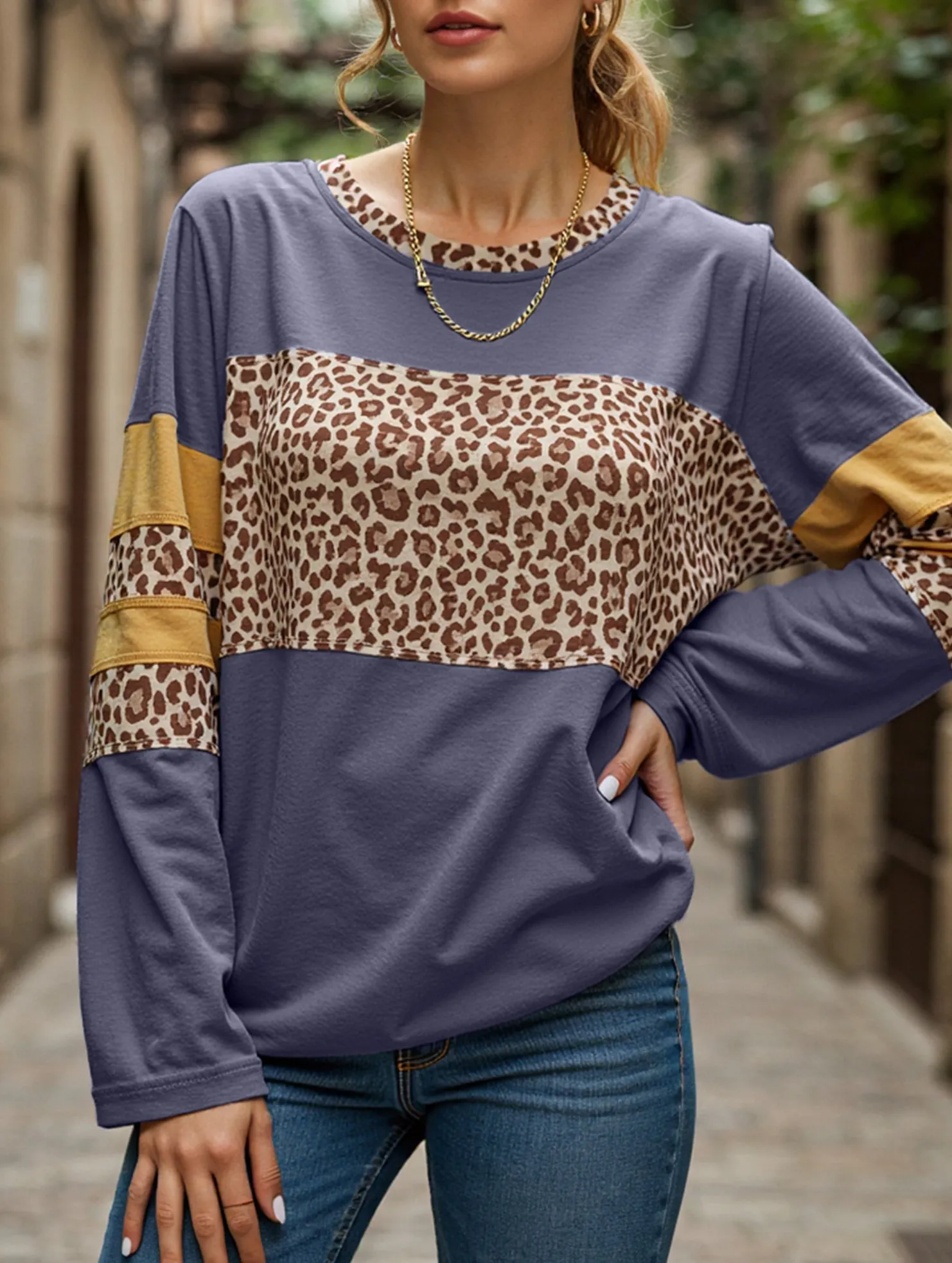 Friction Resistant Finish Leopard-print asymmetrical hem long-sleeve top