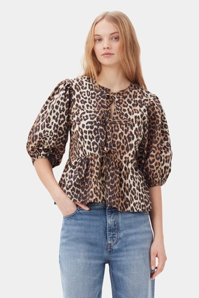 Fashionable Fit Stain Resistant Treatment Leopard Cotton Poplin Peplum Tie Blouse