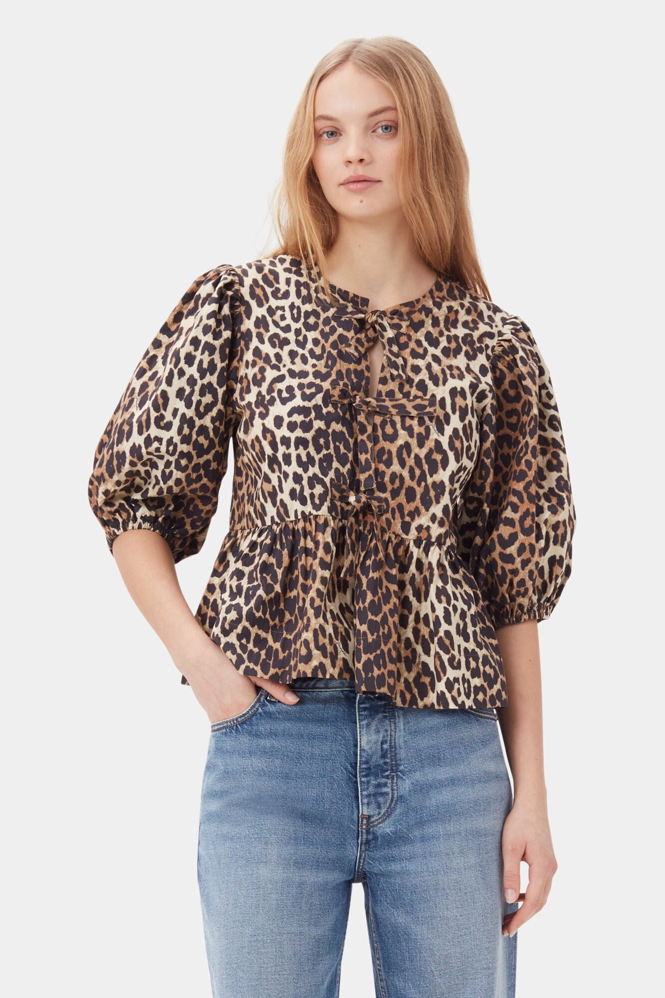 Fashionable Fit Stain Resistant Treatment Leopard Cotton Poplin Peplum Tie Blouse