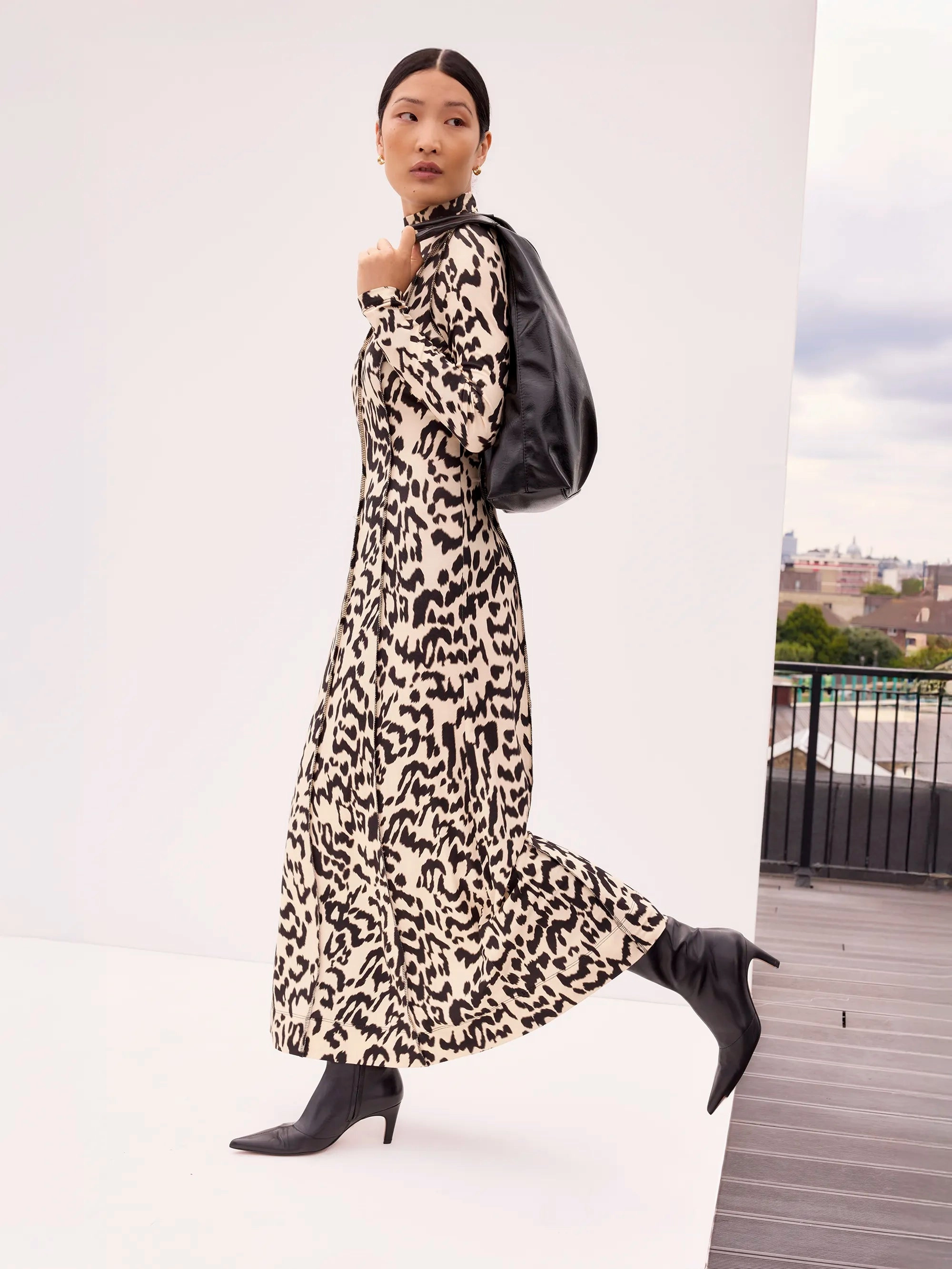 Leopard-Print Jersey Turtleneck Maxi Dress Casual and Stylish Love Glow