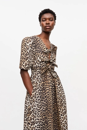 Leopard Printed Cotton Tie Strap Midi Dress Flower Soft